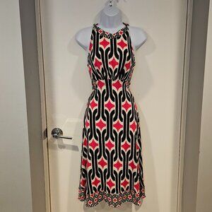 DVF Sherri Dress, Hot Pink, Black & White Art Deco Pattern, Keyhole Back, Size 4